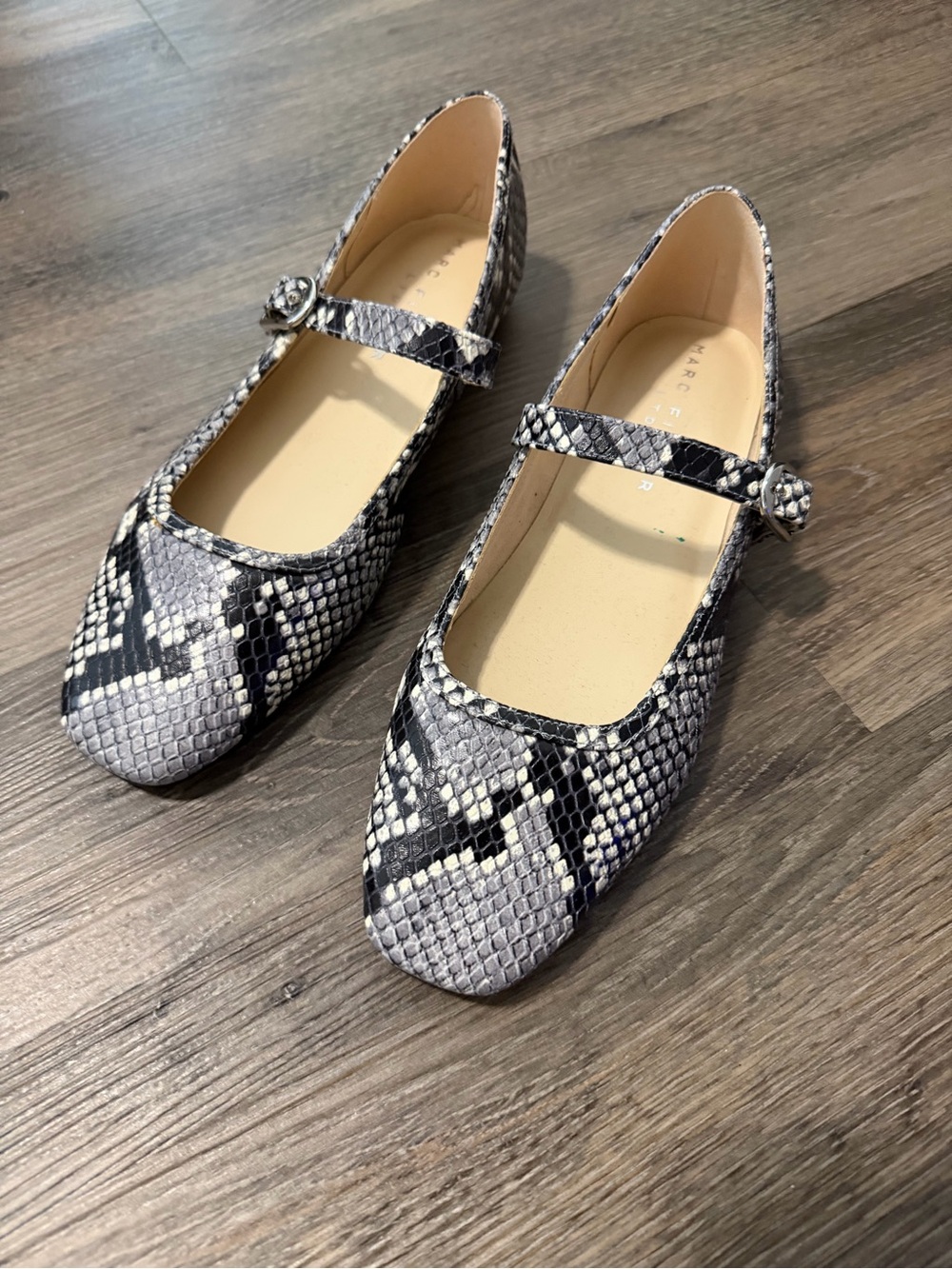 Marc Fisher Silver & Black Snake-Texture Mary Jane Flat